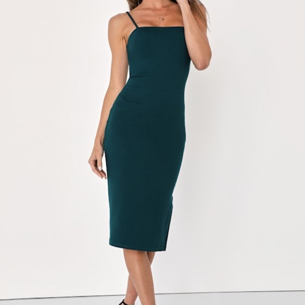 Slim Square-Neck Bodycon Midi Dress in Teal by Lulus